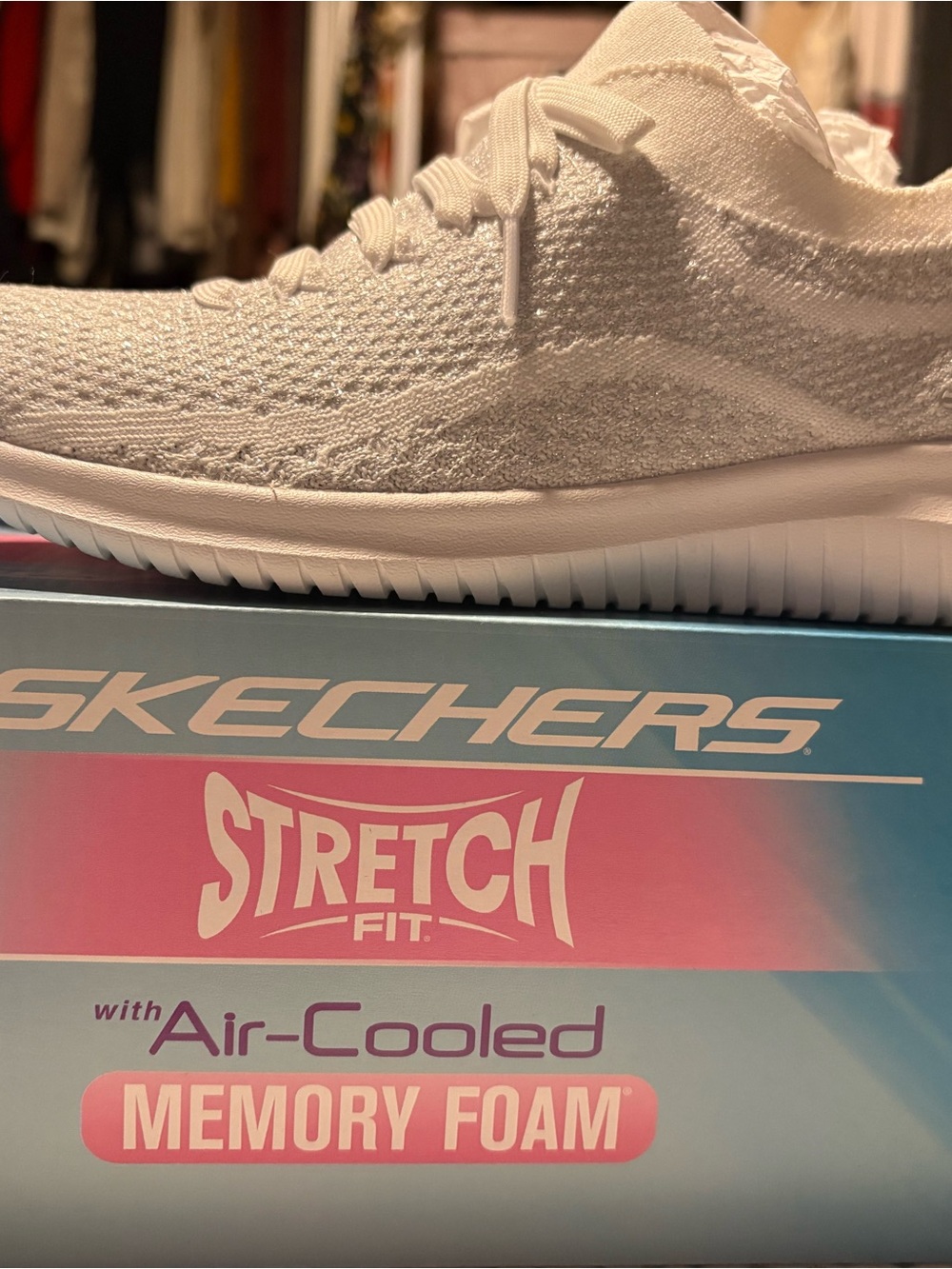 Skechers Women's White/Silver Knit Slip-On Sneakers - Picture 4 of 4